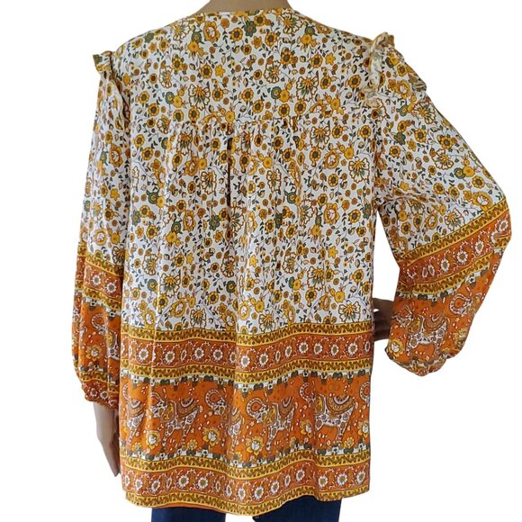 Cottage Core Peasant Boho Tunic Top Blouse Womens L Elephant Flowers Autumn Fall - Picture 13 of 16